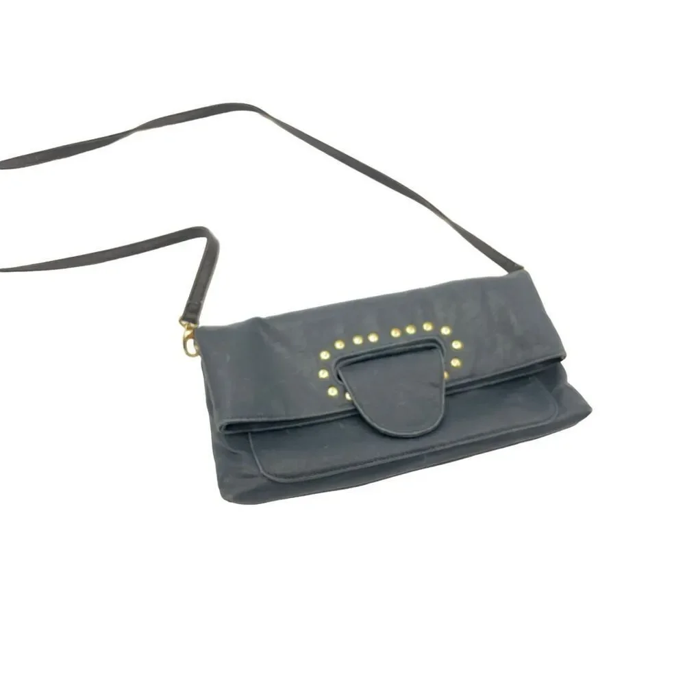 Vieta fashion navy blue vegan leather collapsible gold ￼ studded bag